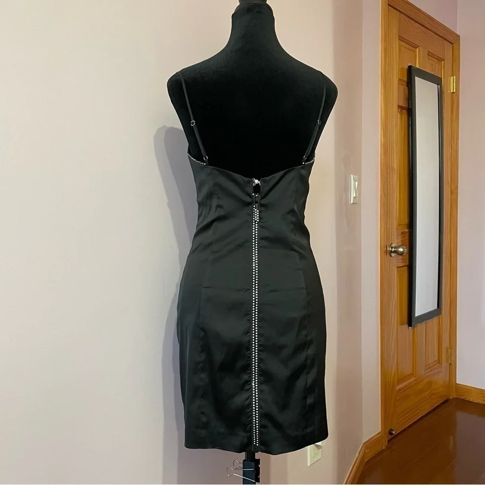For Love and Lemon- Black Satin Sleeveless Mini Dress with Rhinestones Size S